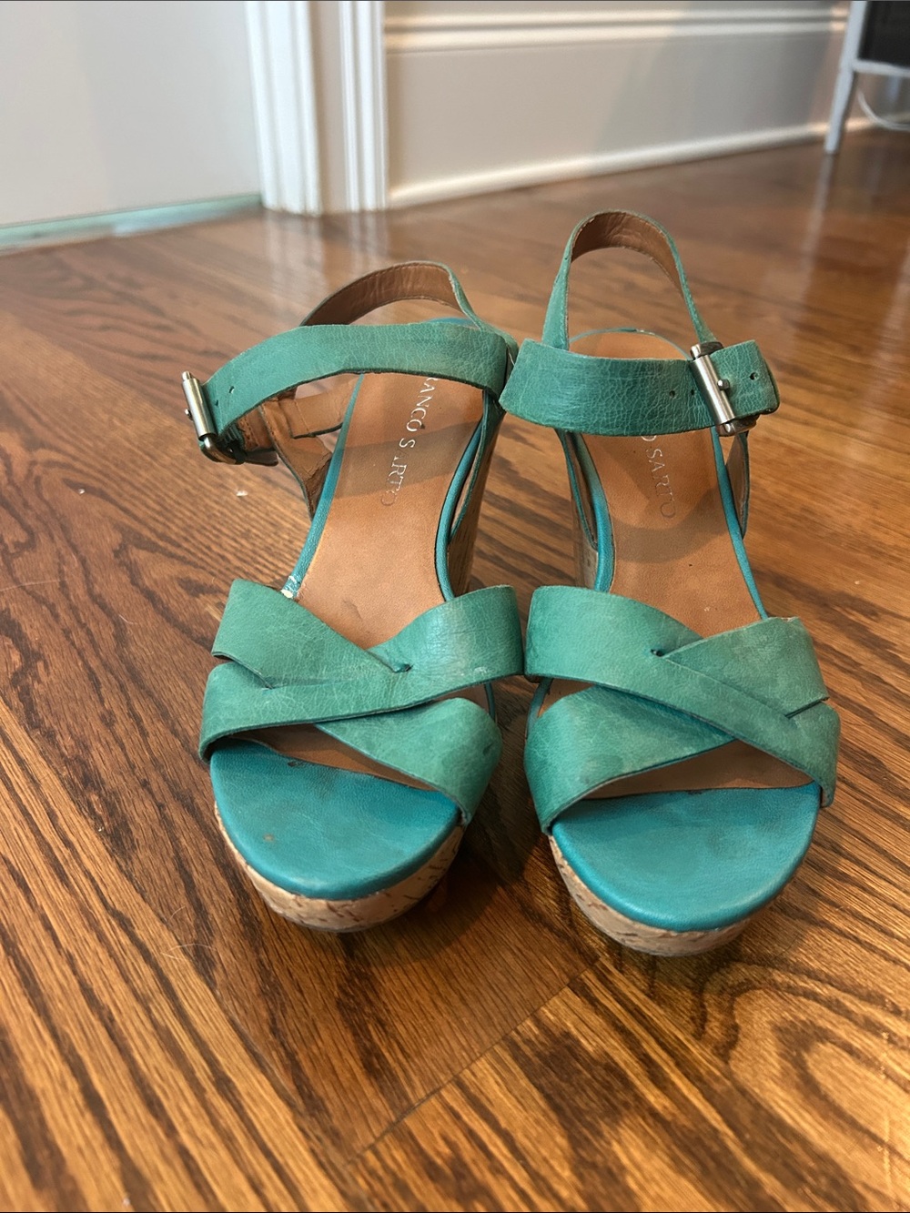 Franco Sarto Teal Leather Strappy Wedge Sandals for Women- size 7